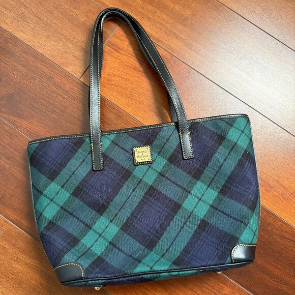 Dooney & Burke Tartan Charleston Navy & Green Plaid Tote Preppy Style - Picture 1 of 8